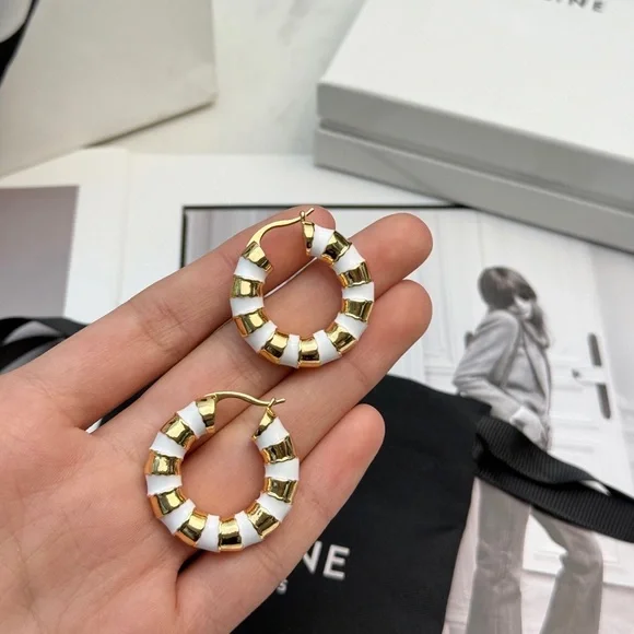 Women's Celine Gold & White Enamel Hoop Earrings for Modern Minimalist Chic - Picture 2 of 4